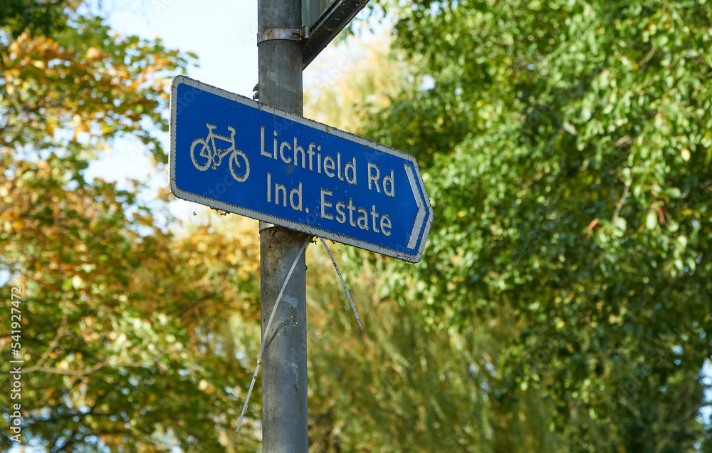 Typical blue cycle route sign in Tamworth, UK