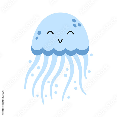 Vector cute blue jellyfish. Marine life animal in flat design. Marine underwater medusa. Transparent creature. Smiling jellyfish with tentacles.
