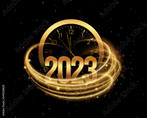 2023 new year background with golden clock and light effect