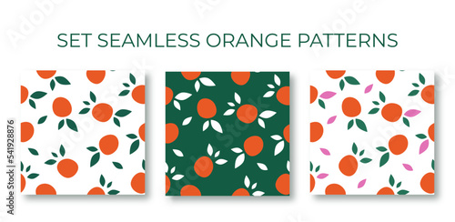 Set Vector minimalistic seamless orange pattern with leaf vector citrus pattern orange pink green white colors	
