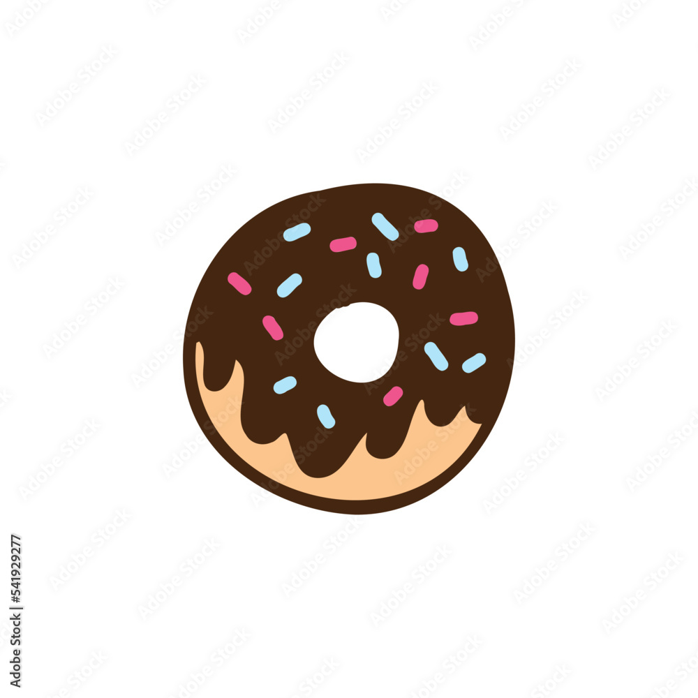 Cartoon donut with chocolate glaze. Colorful hand drawn doughnut icon. Vector unhealthy food Cartoon donut with chocolate glaze. Colorful hand drawn doughnut icon. Vector unhealthy food