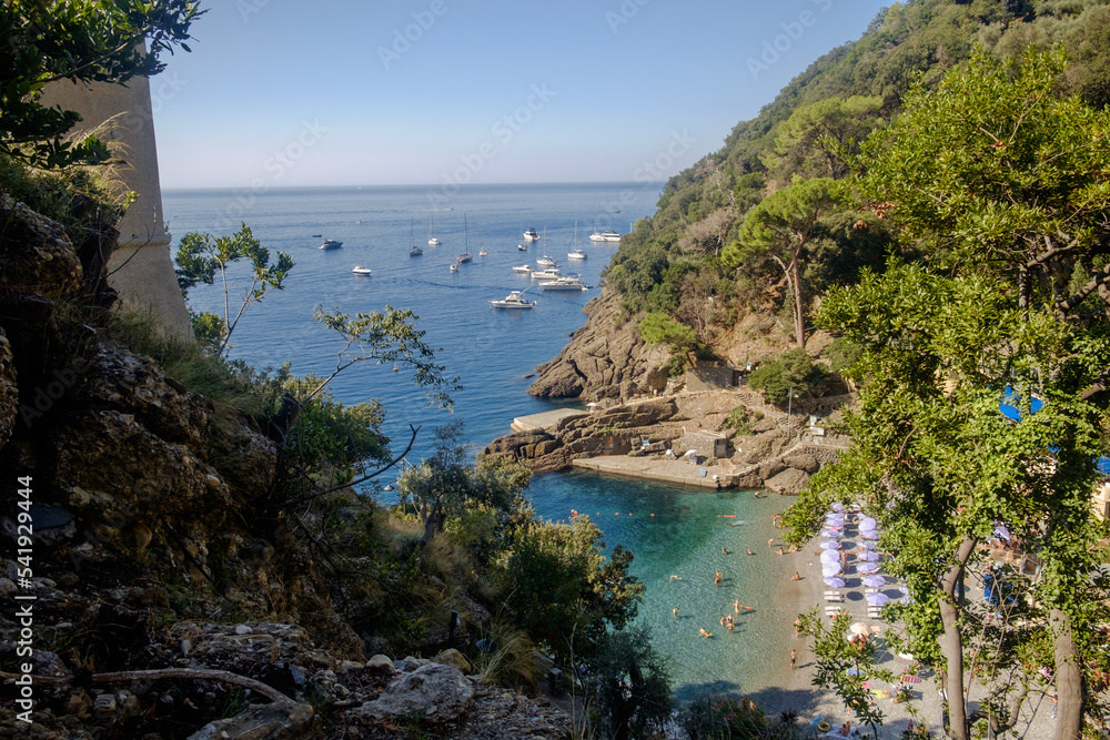 Obraz premium San Fruttuoso bay, with its small beach and hilly coastline, Liguria, Italy.