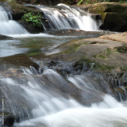 Waterfall and river in a mountain forest