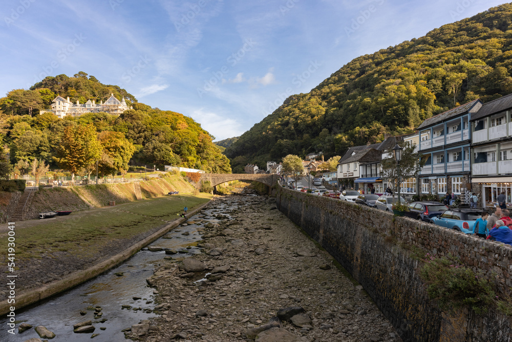 View upstream of River Lyn in Lynmouth North Devon on a sunny evening