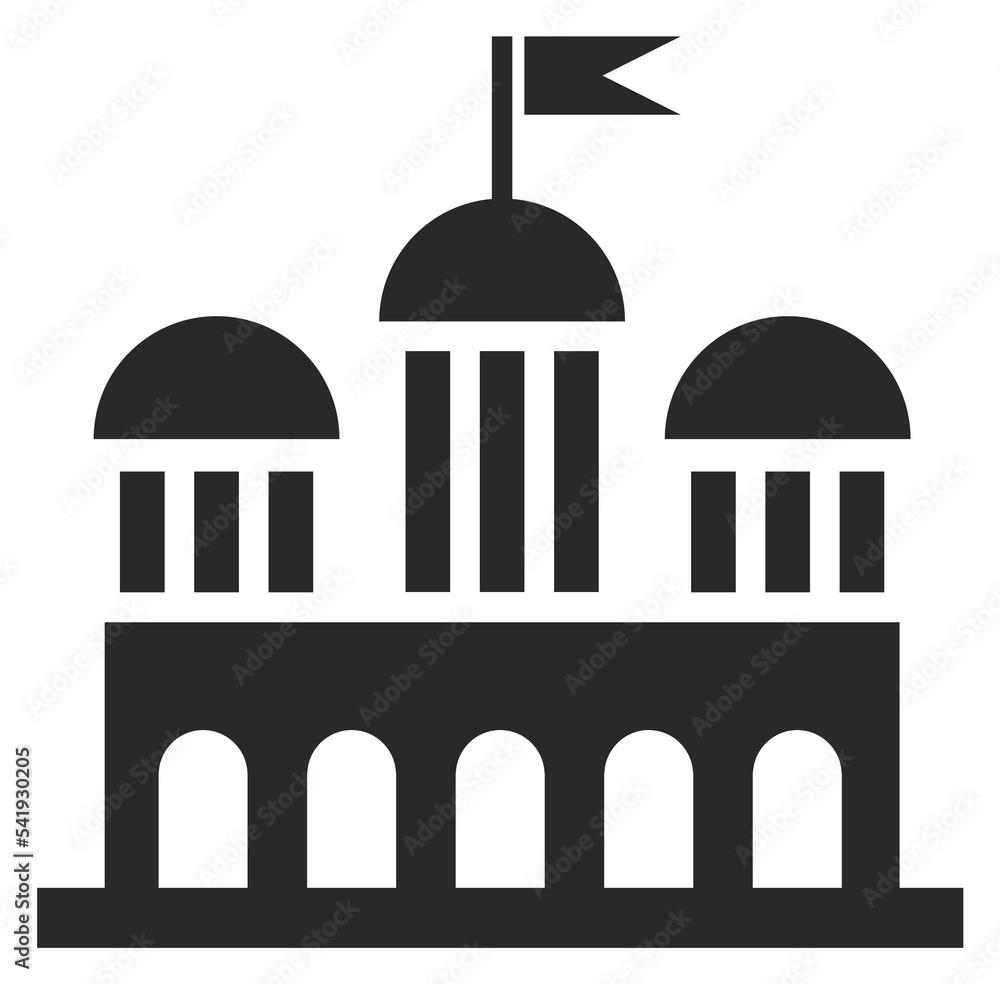 Architecture icon. Elegant black buiding with flag tower Architecture icon. Elegant black buiding with flag tower