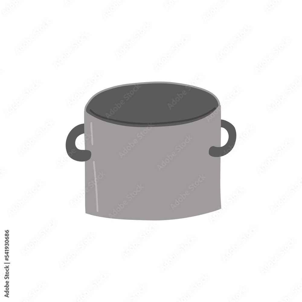 Cartoon funny pot. Hand drawn cookware kitchen utensils. Domestic kitchen tool sticker. Vector illustration