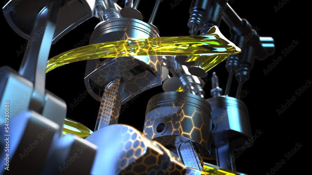 3D illustration of engine and lubricant with a certificate to protect ...