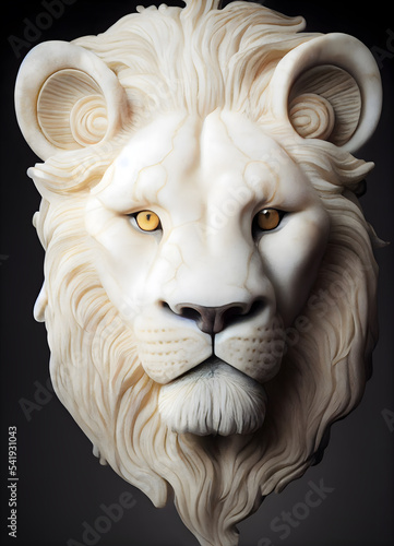 3D representation of a lion's face. Character design carved in marble and porcelain. Symmetrical composition and cinematic light. Generative AI.