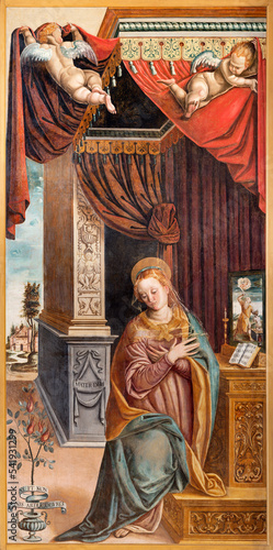 BIELLA, ITALY - JULY 15, 2022: The Virgin Mary from the painting of Annunciation in the church Chiesa di San Sebastiano by Raffaele Giovenone (1579).
