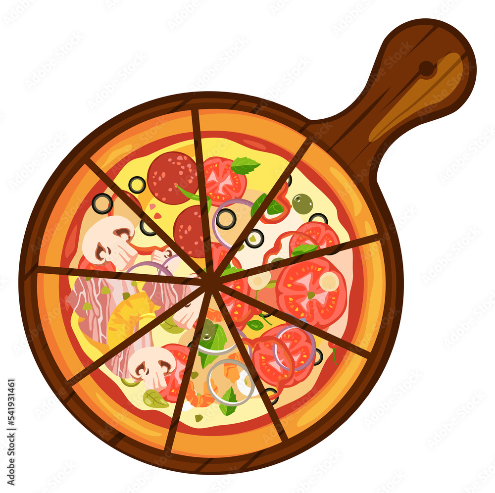 Italian pizza different slices on wooden tray cartoon icon
