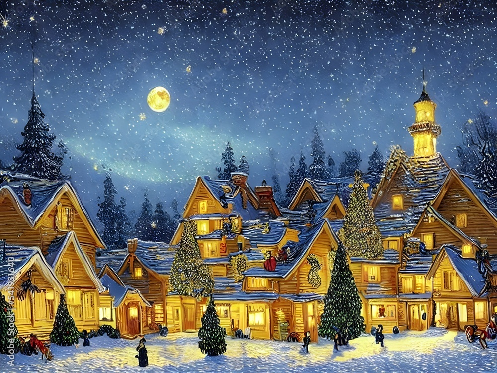 Naklejka premium Cute cozy Village with Christmas tree 3d illustration, 3d render