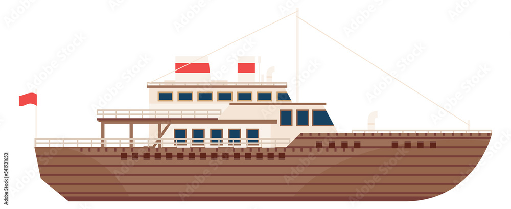 Steamboat flat icon. Retro marine wooden ship