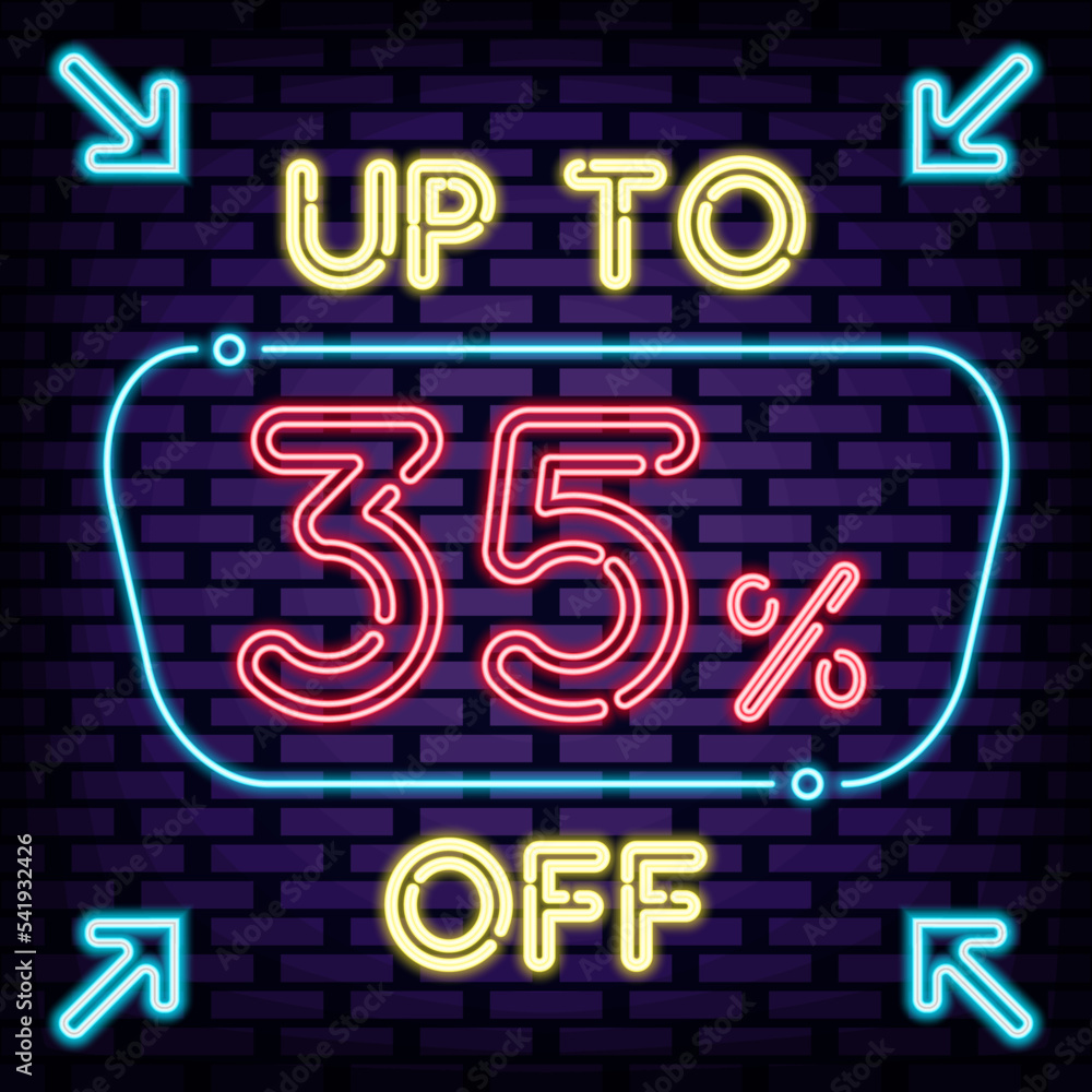 Up to 35% off, sale Neon quote. Glowing with colorful neon light. Neon text. Bright colored vector. Vector Illustration Up to 35% off, sale Neon quote. Glowing with colorful neon light. Neon text. Bright colored vector. Vector Illustration