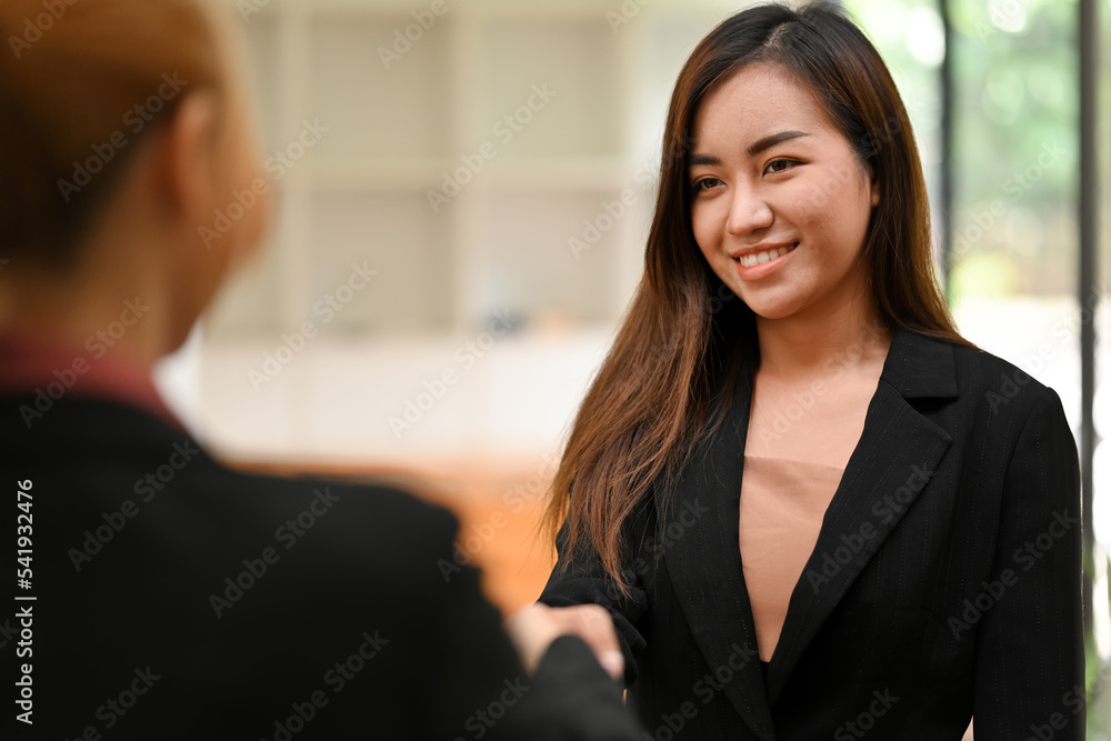 Two confident business woman shaking hands during a meeting in the office, success, dealing, greeting and partner concept. Two confident business woman shaking hands during a meeting in the office, success, dealing, greeting and partner concept.