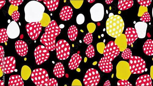 Yellow, Red, Black and White Polka Dots, Stars and Stripes 2d illustrated Seamless animations. Kids Party Backgrounds. Children Birthday Invitation Backdrops. Repeating animation Tile Swatches