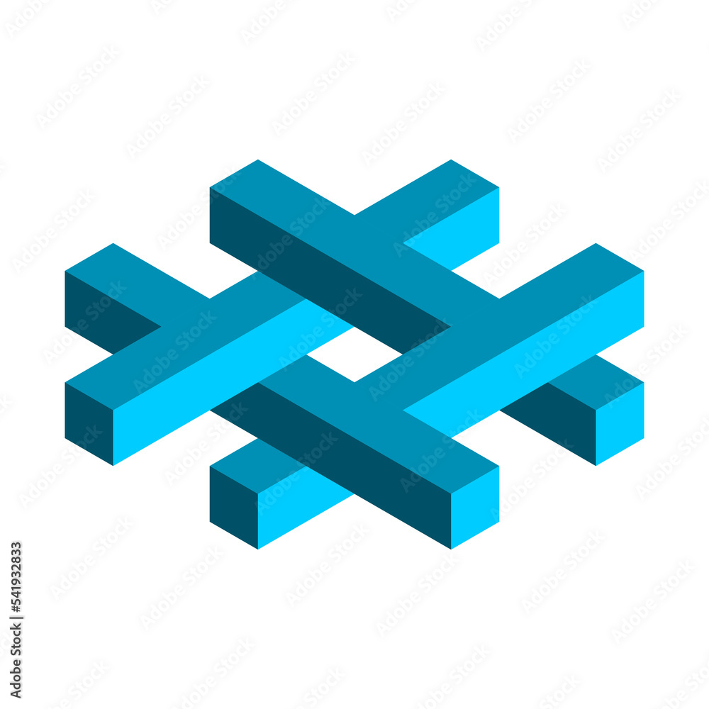 Impossible hashtag symbol. Blue Esher penrose geometric shape. Op art sign. Visual trick, optical illusion. Blue 3d isometric object. Octothorp icon for SEO promotion. Vector illustration, clip art. 