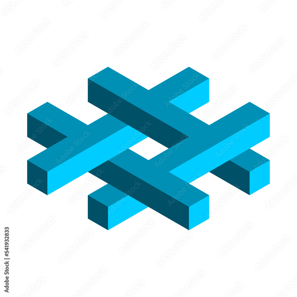 Impossible hashtag symbol. Blue Esher penrose geometric shape. Op art