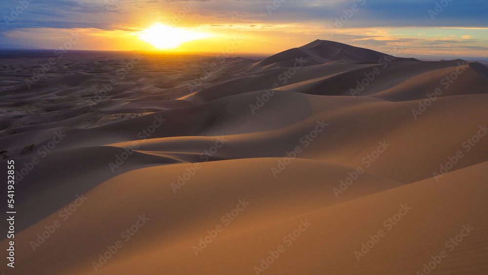 Sunset sky over Gobi desert dunes in Mongolia