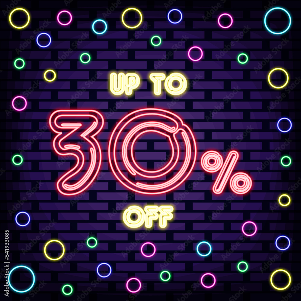 Up to 30% off, sale Badge in neon style. On brick wall background. Neon text. Modern trend design. Vector Illustration