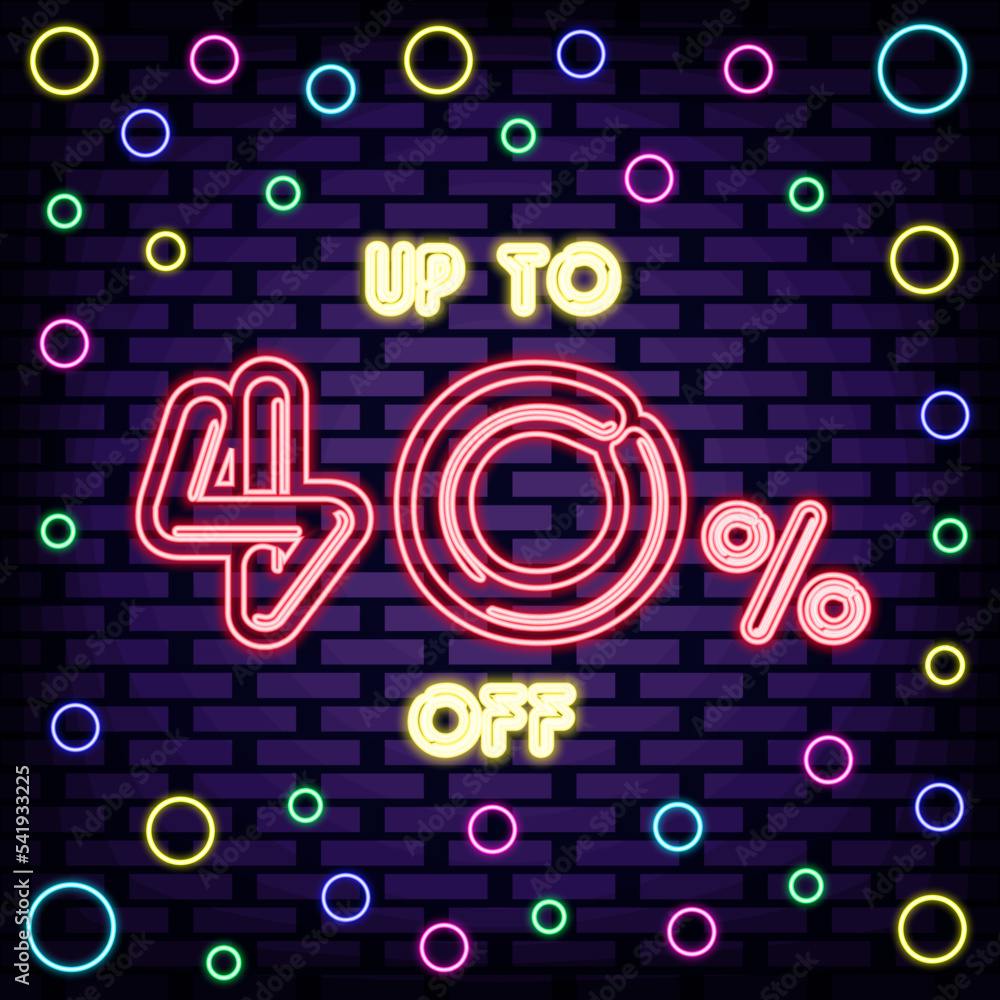 Up to 40% off, sale Neon signboards. On brick wall background. Light art. Trendy design elements. Vector Illustration
