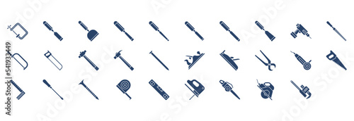 Collection of icons related to Carpentry tools, including icons like Clipper, Cutting tool, File and more. vector illustrations, Pixel Perfect set
