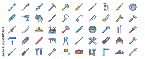 
Collection of icons related to Carpentry tools, including icons like Bradawl, Axe, Drill, Circular Saw and more. vector illustrations, Pixel Perfect set

