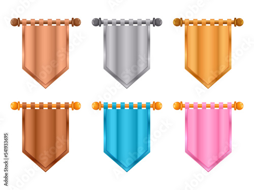 Game level flags. Abstract gold silver bronze medieval banners for GUI design, vintage pennant flagstaff badges fantasy concept. Vector isolated collection