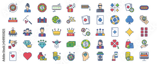 
Collection of icons related to Casino and gambling , including icons like betting, Bouncers, Card game and more. vector illustrations, Pixel Perfect set