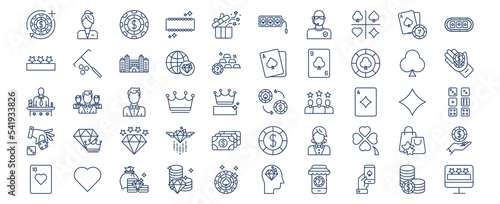 
Collection of icons related to Casino and gambling , including icons like betting, Bouncers, Card game and more. vector illustrations, Pixel Perfect set