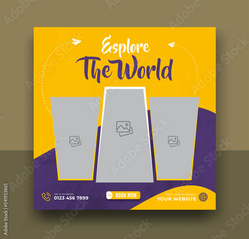 Traveling social media post banner template design, Web banner, Tour travel holiday tourism marketing social media post. Editable illustration