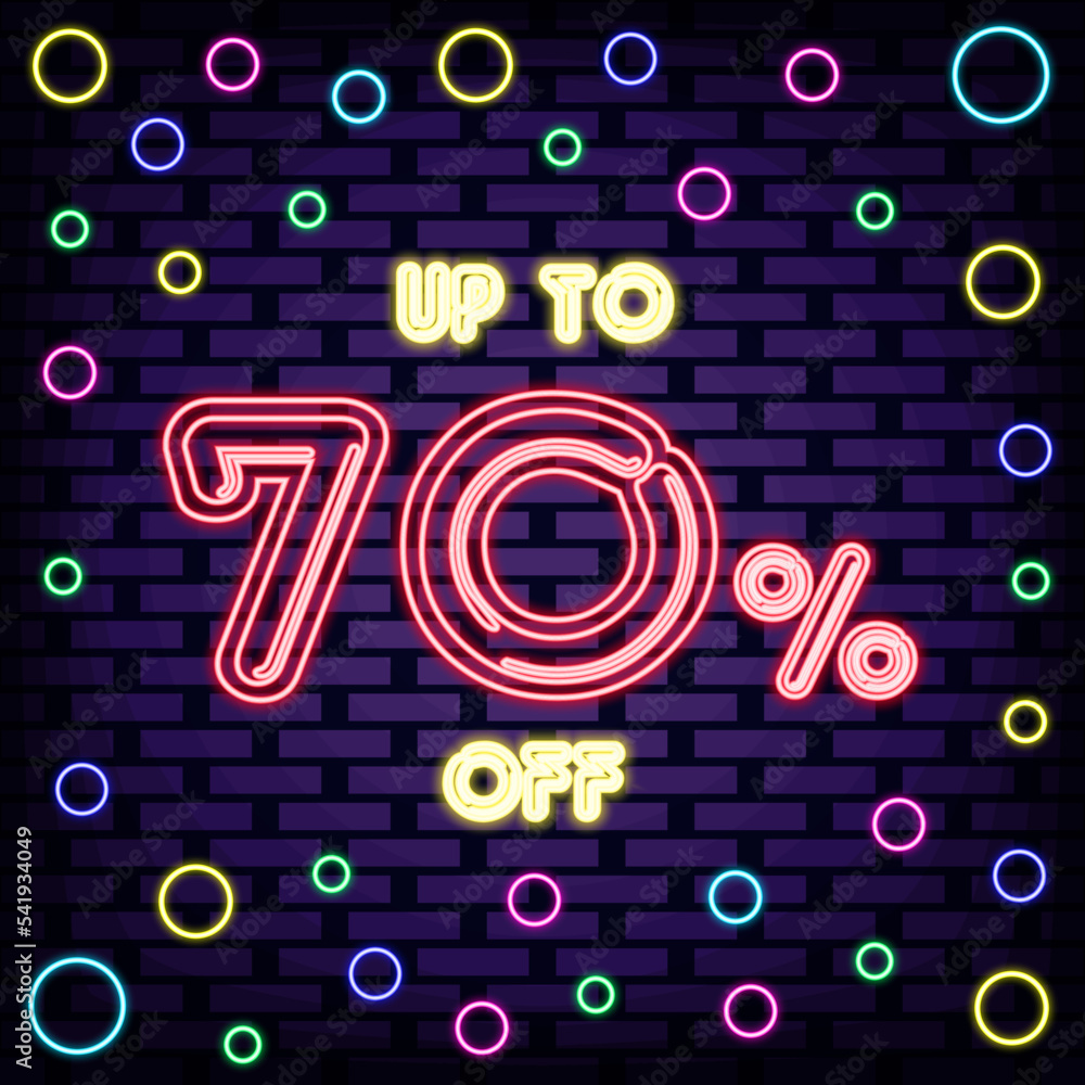 Up to 70% off, sale Neon Sign Vector. Bright signboard. Night bright advertising. Isolated on black background. Vector Illustration