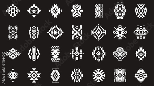 Aztec geometric tattoo. Ethnic abstract decorative ornaments, ancient indian american tribal motif design isolated black background. Vector set