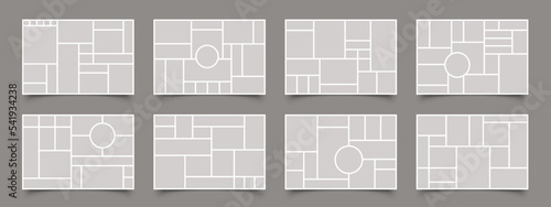 Photo collage. Blank moodboard grid layout, mosaic gallery frame mockup minimalist horizontal design, photography album portfolio banner. Vector set