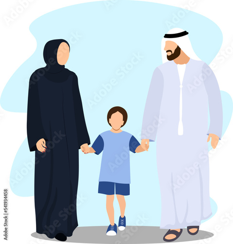 Traditional Emirati young family enjoying the weekend outdoor with kid. man wearing traditional dishdash or kandura , the woman wearing the black abaya and shelya, dress from uae or Saudi Arabia