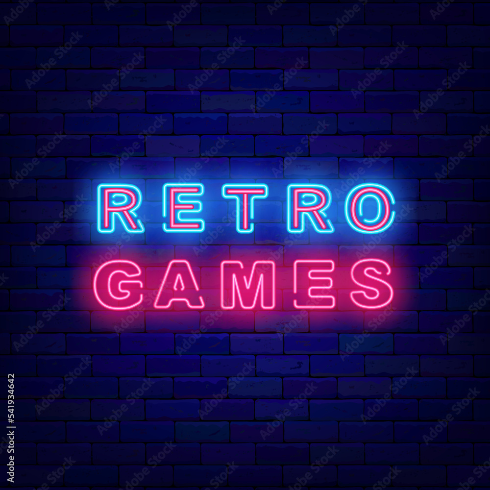 Fototapeta premium Retro games neon signboard. Luminous label on brick wall. Glowing advertising. Vector stock illustration