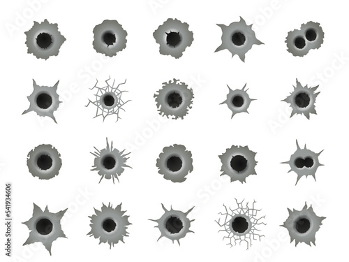 Bullet holes. Gun shot ragged marks, gunshot bullethole damage weapon impact hollows on metal steel surface criminal destruction concept. Vector set