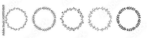 Vector illustration hand drawn wreaths. Minimal cute doodle leaves wreath frame set for cards, designs, prints.