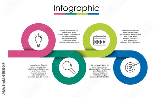 Vector infographic template with four steps or options. Illustration presentation with thin line elements icons.  Business concept graphic design can be used for web, paper brochure, diagram