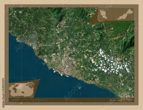 Melaka, Malaysia. Low-res satellite. Labelled points of cities