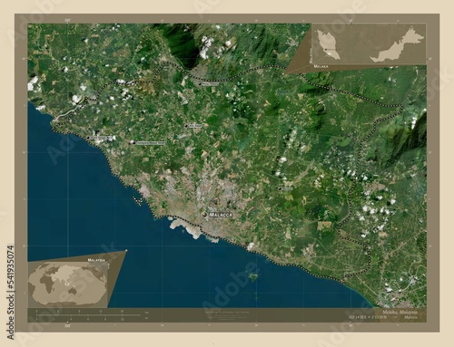 Melaka, Malaysia. High-res satellite. Labelled points of cities