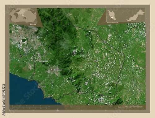 Negeri Sembilan, Malaysia. High-res satellite. Labelled points of cities