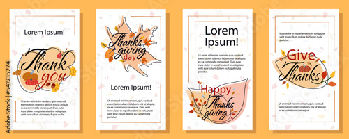 Thanksgiving day stickers vector illustration isolated on white background. Phrases Give thanks, Thank you, Happy Thanksgiving with pumpkins and autumn leaves Flat style 