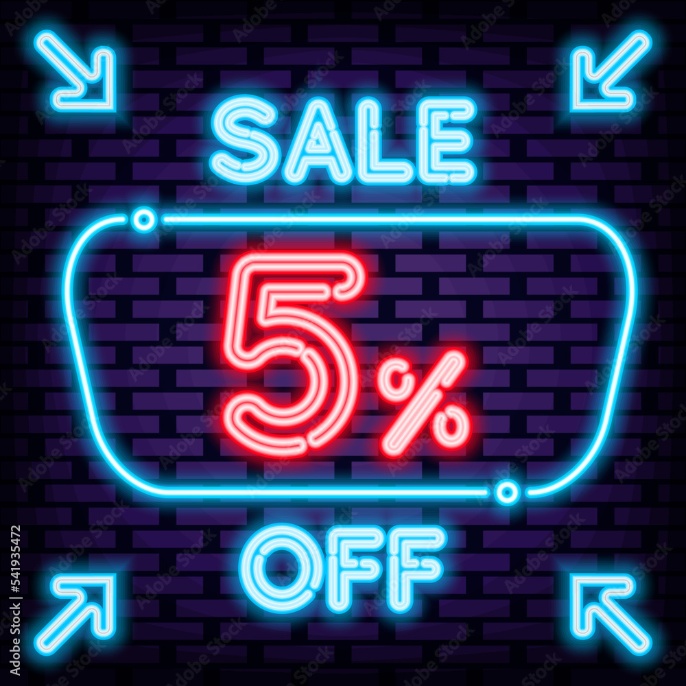 Sale 5% off Badge in neon style. Neon script. Announcement neon signboard. Bright colored vector. Vector Illustration Sale 5% off Badge in neon style. Neon script. Announcement neon signboard. Bright colored vector. Vector Illustration