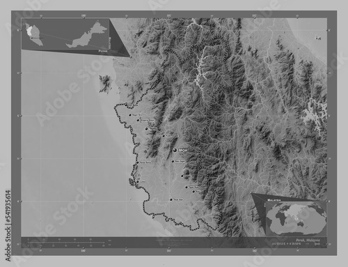 Perak, Malaysia. Grayscale. Labelled points of cities