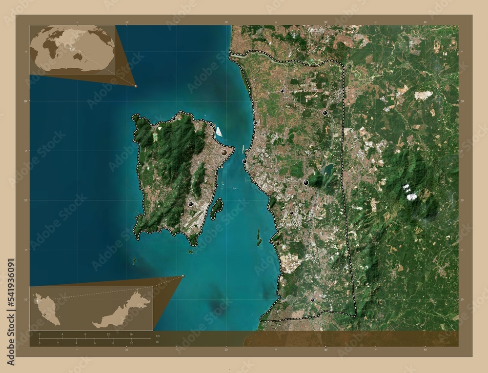 Pulau Pinang, Malaysia. Low-res satellite. Major cities - obrazy, fototapety, plakaty 