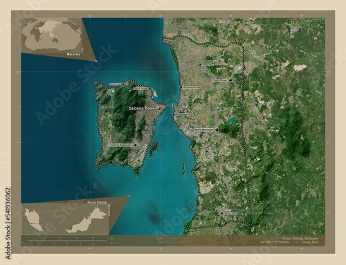 Pulau Pinang, Malaysia. High-res satellite. Labelled points of cities