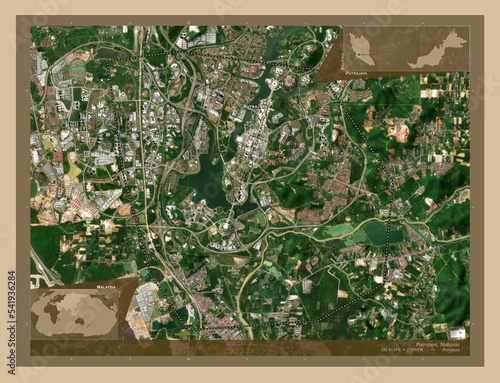Putrajaya, Malaysia. Low-res satellite. Labelled points of cities