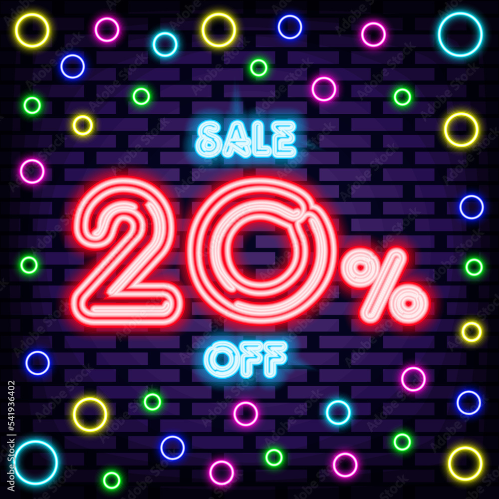 Sale 20% off Neon signboards. Glowing with colorful neon light. Light banner. Isolated on black background. Vector Illustration