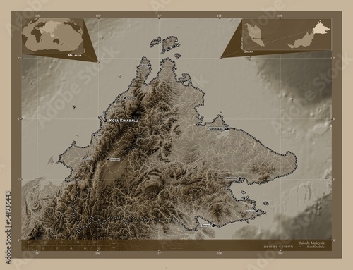 Sabah, Malaysia. Sepia. Labelled points of cities