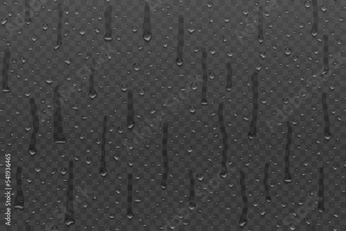 Realistic water drop transparent pattern on dark background. Raindrops on glass for overlaying on window. Shower or rain. Droplets texture. Condensed water on surface. Vector illustration